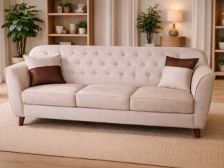 Elegant Beige Three-Seater Sofa with Tufted Backrest