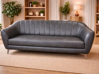 Modern Grey Leather Three-Seater Sofa with Vertical Stitch Design