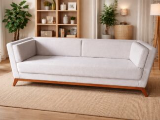 Minimalist Light Grey Three-Seater Sofa with Wooden Base