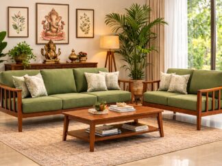 Traditional Wooden Sofa Set with Green Cushions